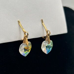 Vintage Gold Crystal Heart Earrings with Iridescent Sparkle